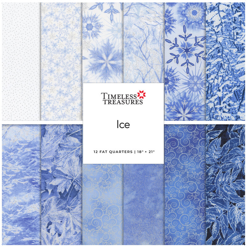 Collage of winter fabrics including leaves, branches, and snowflakes with timeless treasures tag in the center