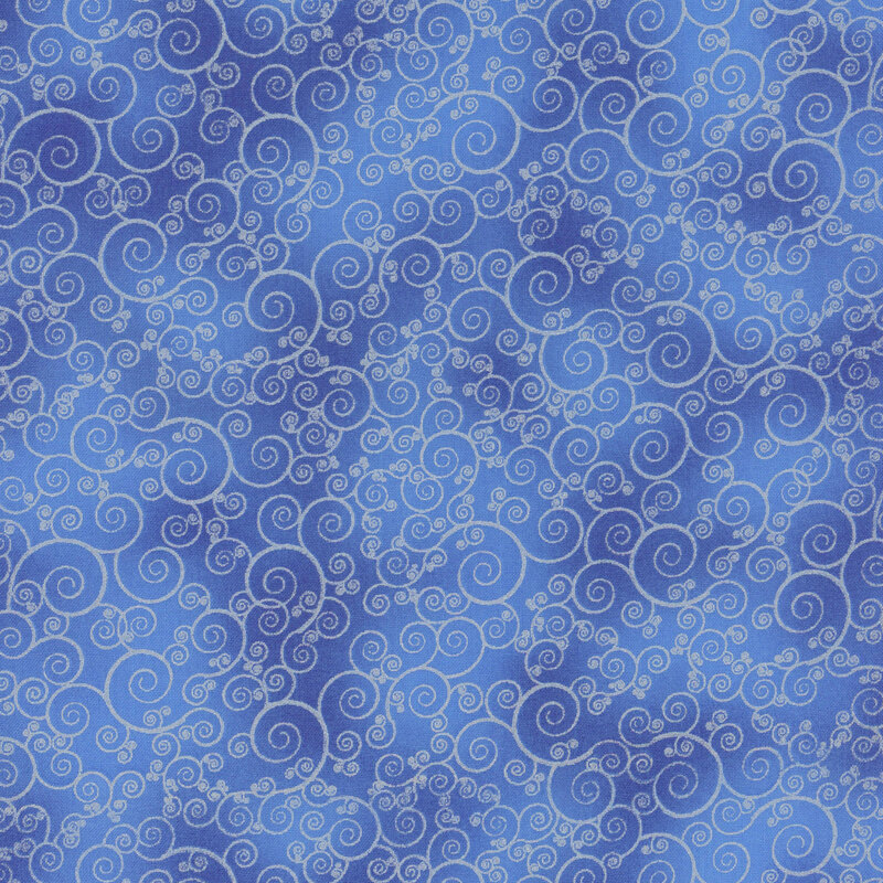 fabric of blue gray shimmering swirls on a dark marbled blue background