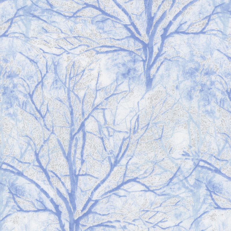 fabric of blue trees on a white background