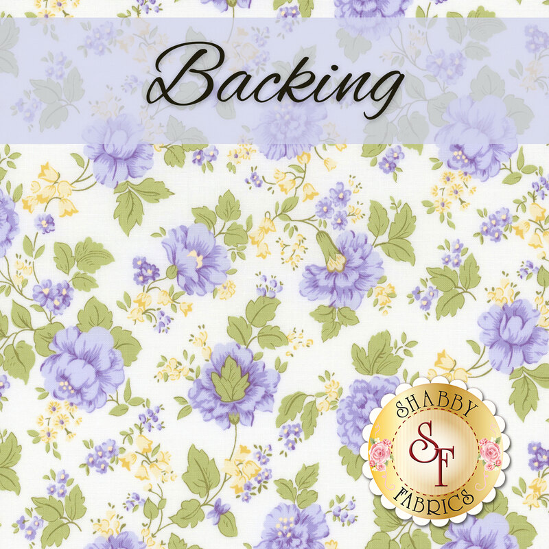 Floral fabric design featuring purple and yellow flowers on a light background, labeled Backing.