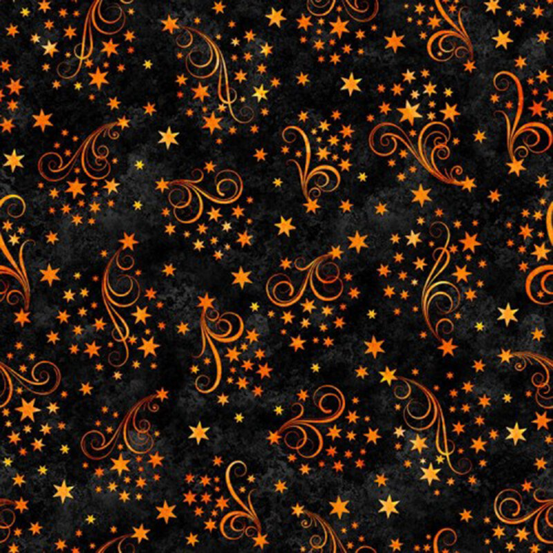 Black fabric with orange swirls and stars.