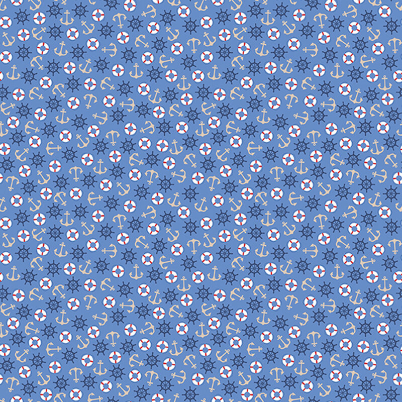 Blue fabric with a tossed pattern of ship wheels, anchors, and life preservers.