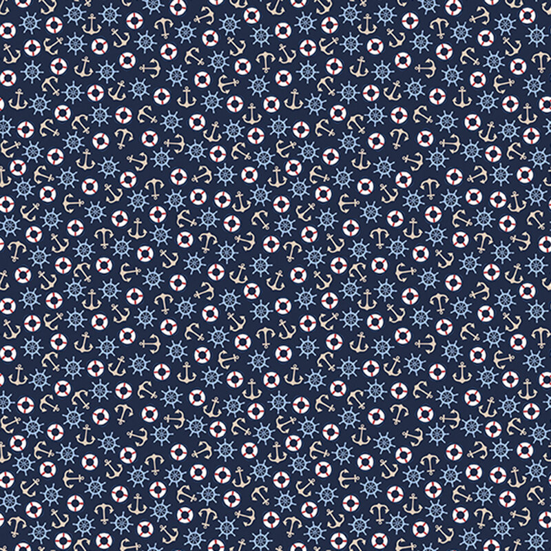 Navy fabric with a tossed pattern of ship wheels, anchors, and life preservers.