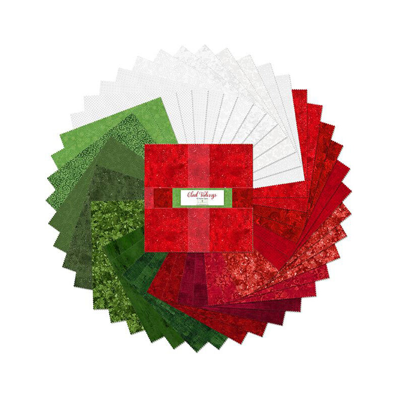 A circular arrangement of fabric squares in red, green, and white, featuring various patterns.