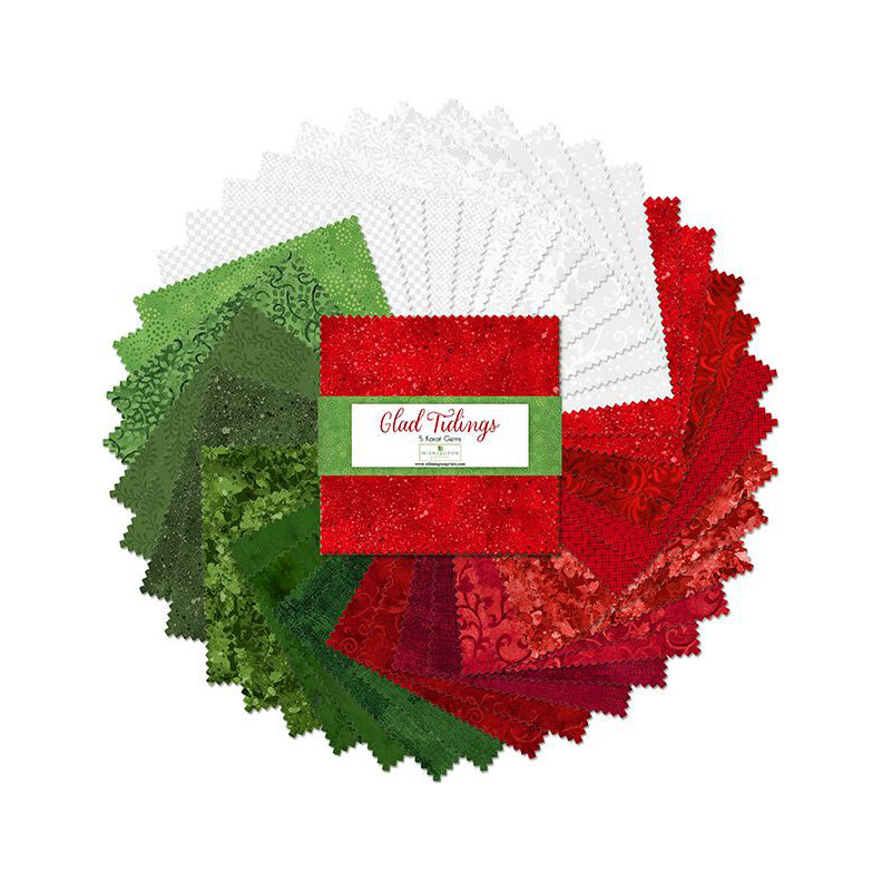 A circular arrangement of fabric squares in red, green, and white, featuring various patterns.