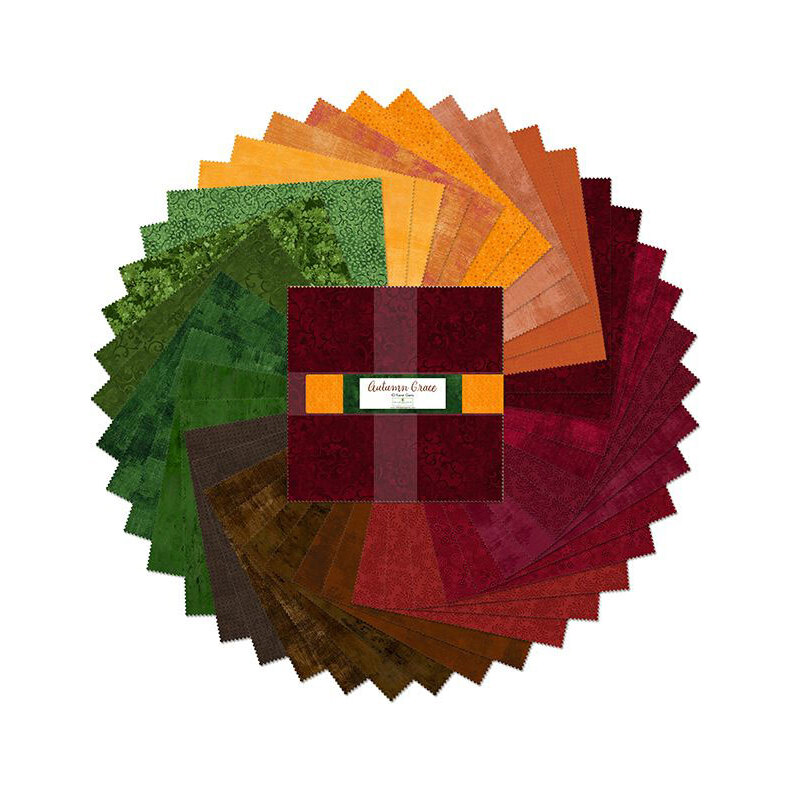 A circular arrangement of colorful fabric squares in autumn hues, labeled Autumn Grace.