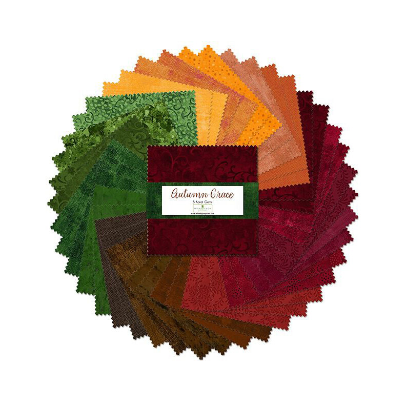 A circular arrangement of colorful fabric squares in autumn hues, labeled Autumn Grace.