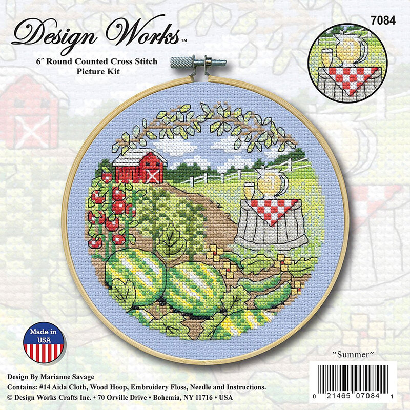 Cross stitch kit cover featuring a farm scene with a barn, melons, and a table with lemonade..