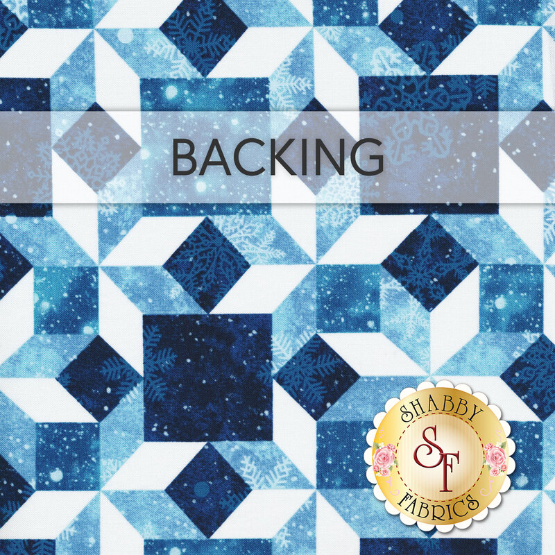 Tonal blue fabric with geometric design and small snowflakes labeled as backing. A golden Shabby Fabrics logo sits in the lower right corner.
