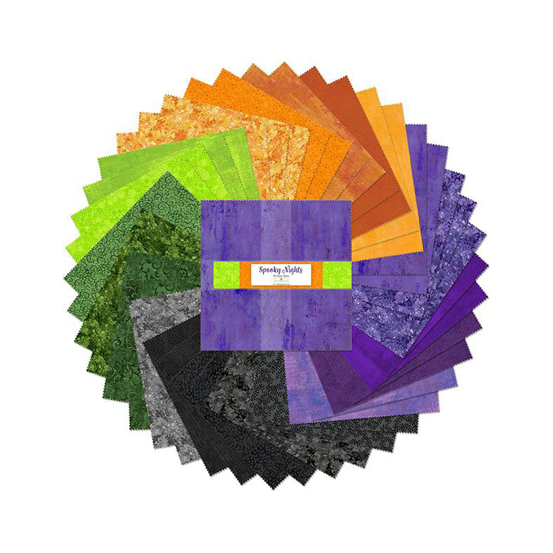 A circular arrangement of fabric swatches in various Halloween colors, labeled Spooky Nights.