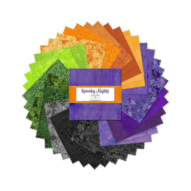 A circular arrangement of fabric swatches in various halloween colors, labeled Spooky Nights.