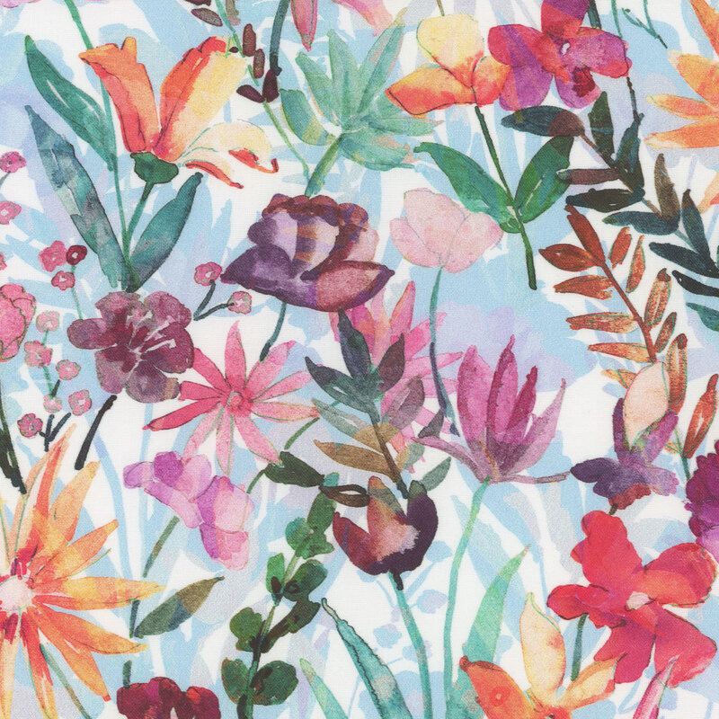 Multicolor watercolor florals and leaves on a white background with a shadow effect from the flowers.
