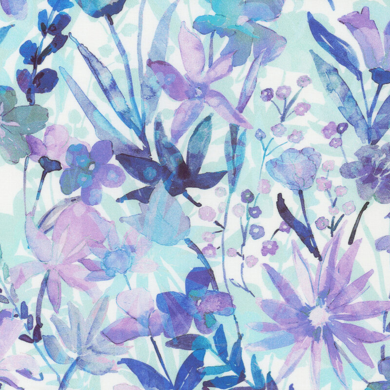 Purple watercolor florals and leaves on a white and cyan background with a shadow effect from the flowers.
