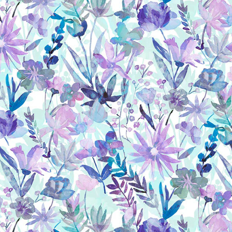 Purple watercolor florals and leaves on a white and cyan background with a shadow effect from the flowers.