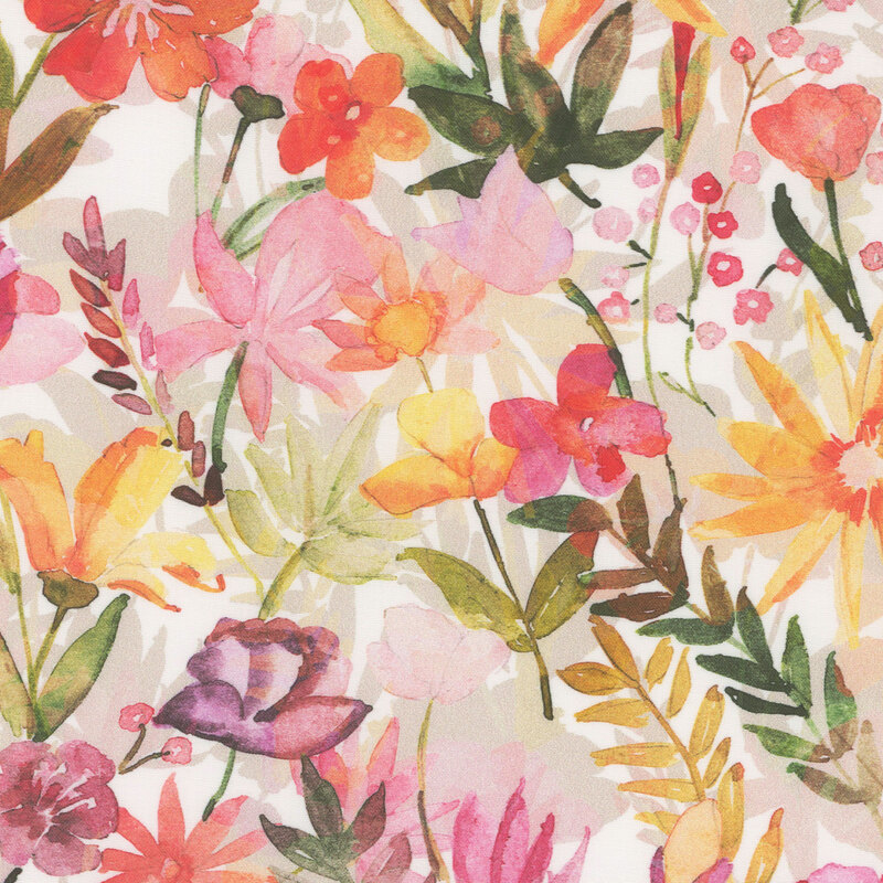 Pink and yellow watercolor florals and leaves on a white background with a shadow effect from the flowers.
