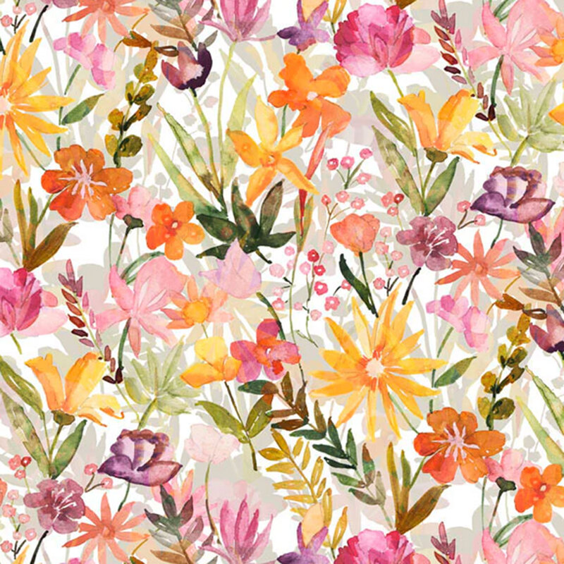 Pink and yellow watercolor florals and leaves on a white background with a shadow effect from the flowers.