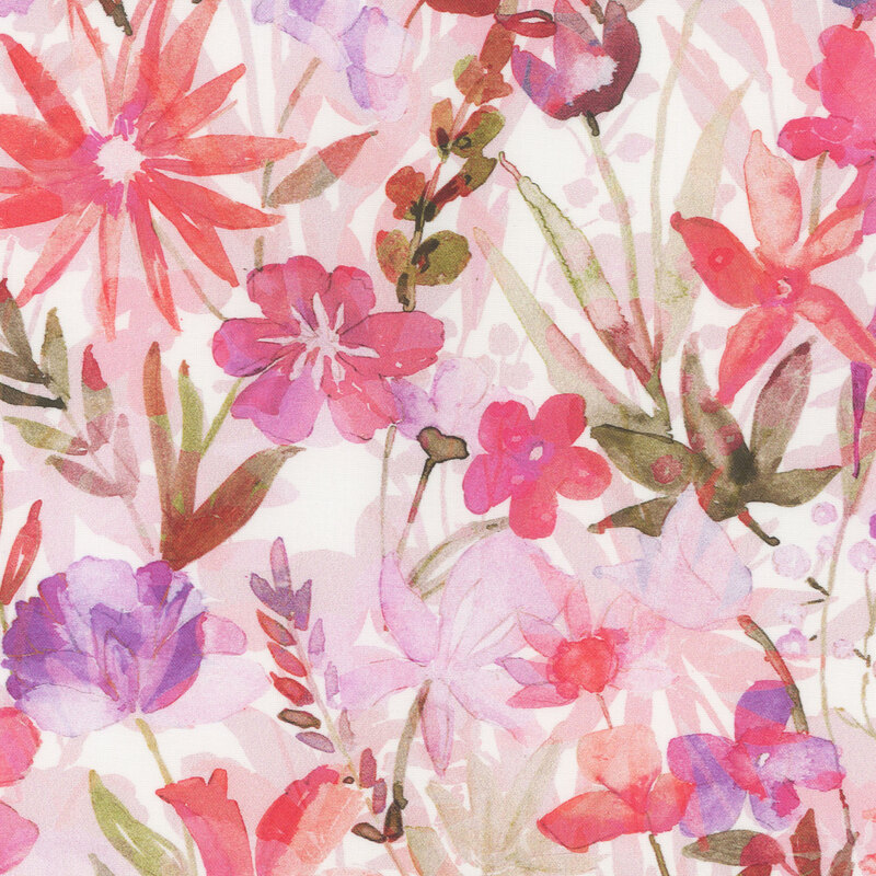 Pink and purple watercolor florals and leaves on a white background with a shadow effect from the flowers.