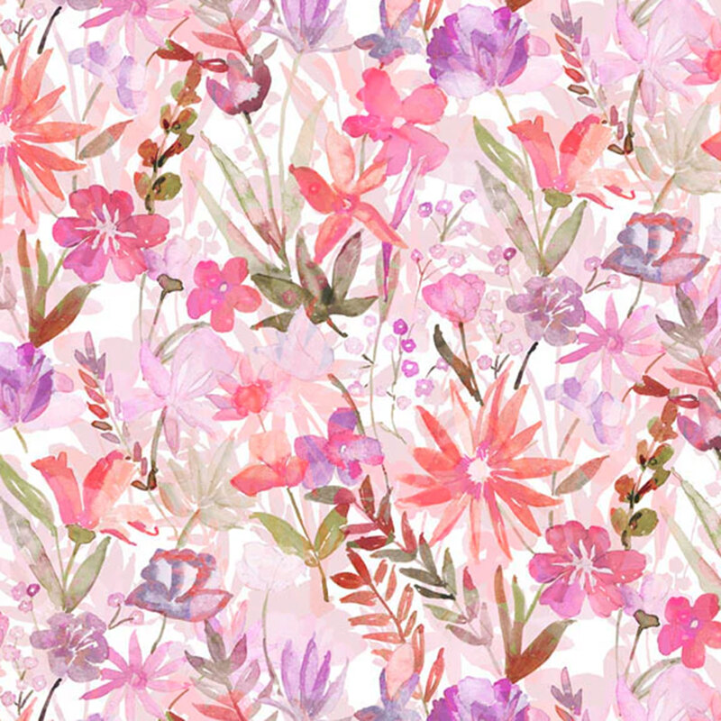 Pink and purple watercolor florals and leaves on a white background with a shadow effect from the flowers.