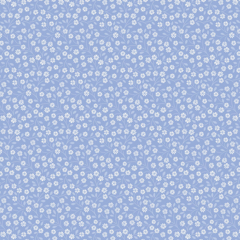 fabric pattern of white daisies all over a light blue background