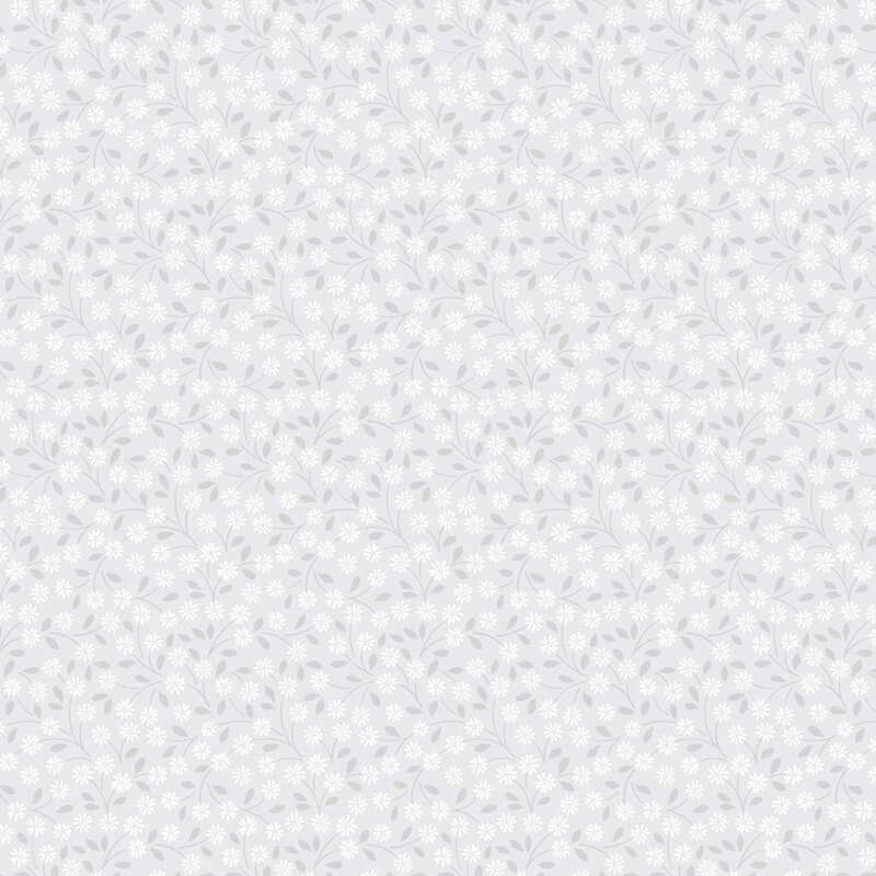 fabric pattern of white daisies all over a light gray background