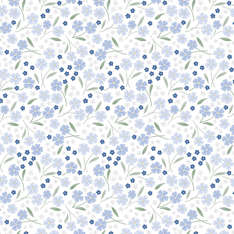 fabric pattern of light and dark blue florals all on a white background