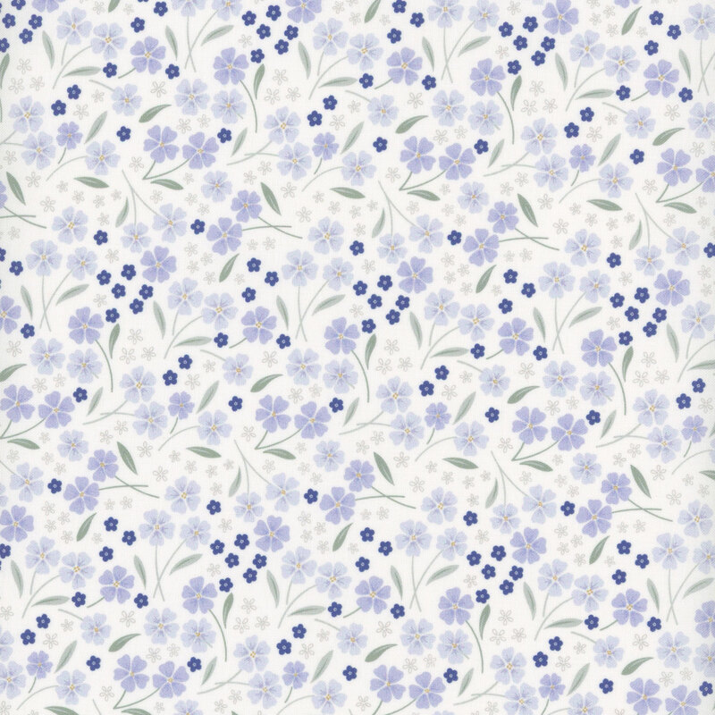 fabric pattern of light and dark blue florals scattered on a white background