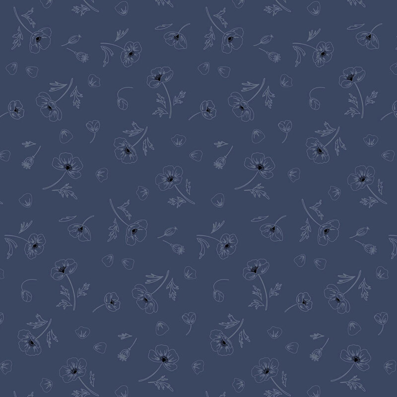 fabric pattern of outlined flowers scattered all over on a dark blue background