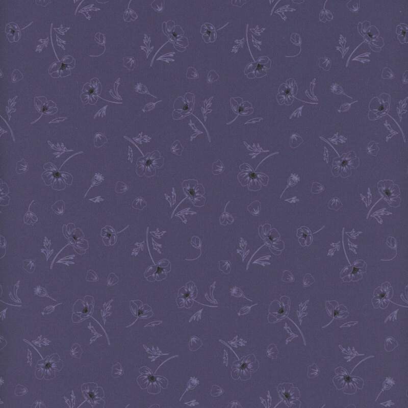 fabric pattern of outlined flowers scattered on a dark blue background