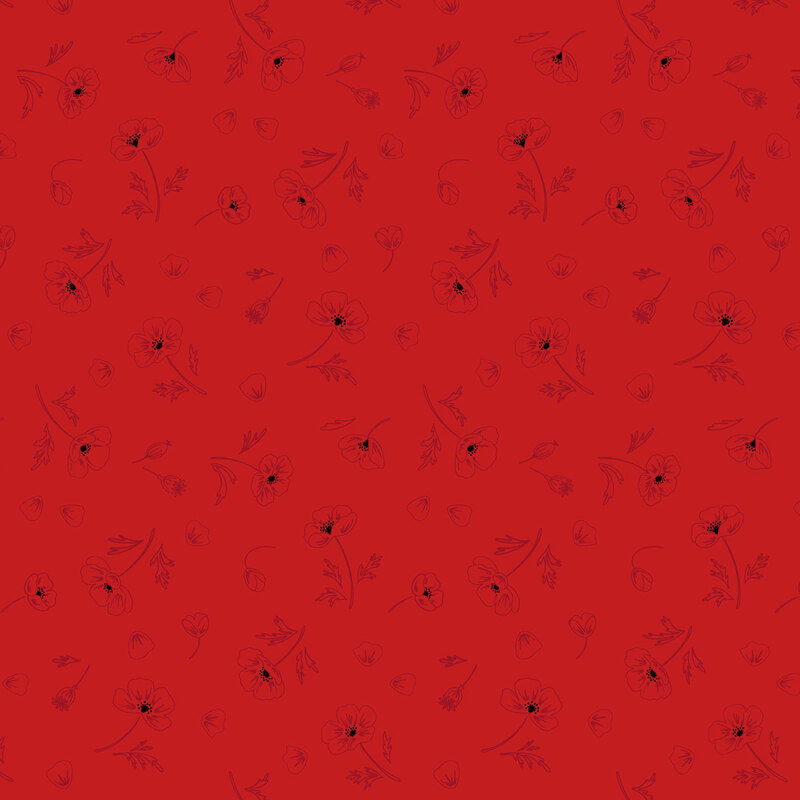 fabric pattern of outlined flowers scattered all over on a red background