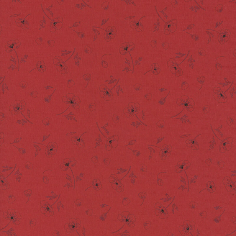 fabric pattern of outlined flowers scattered on a red background