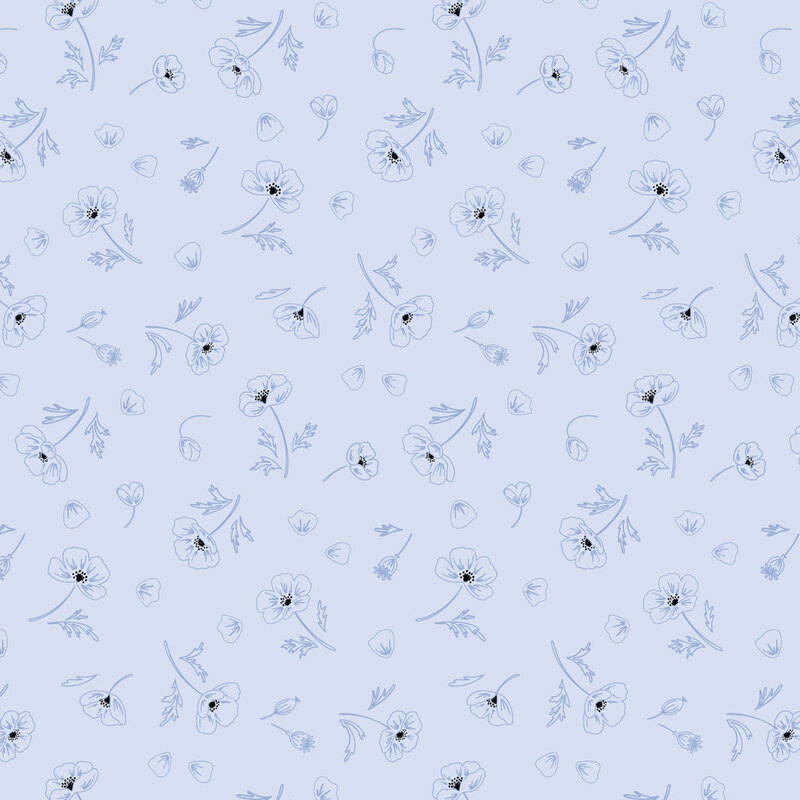 fabric pattern of outlined flowers scattered all over on a pale blue background