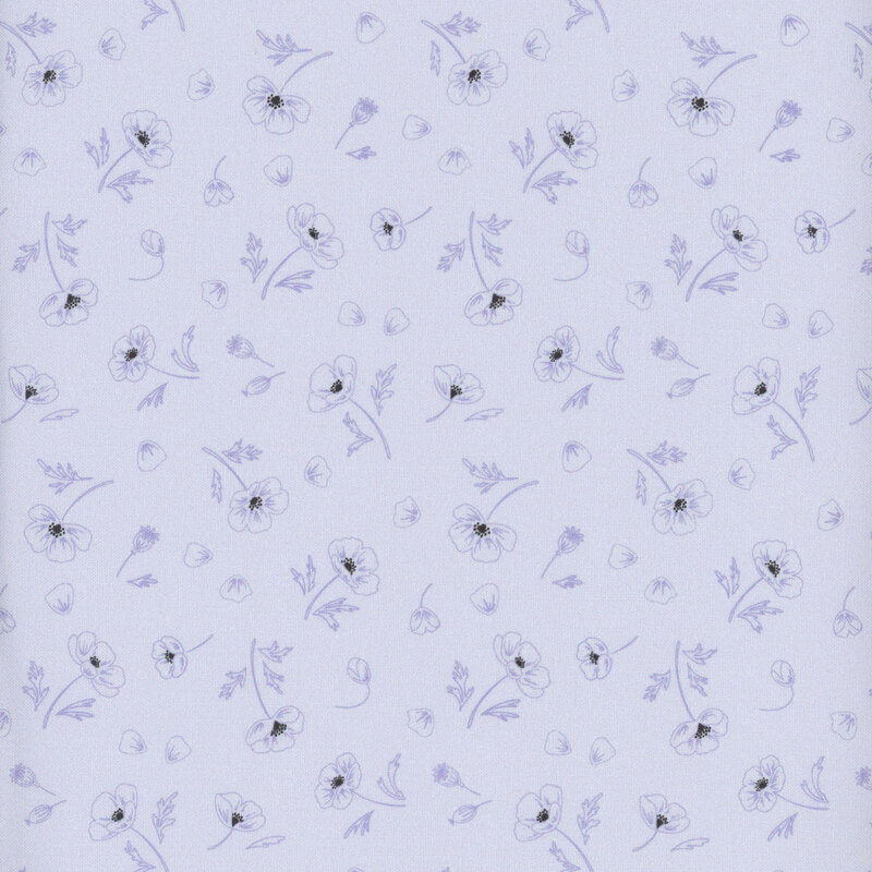 fabric pattern of outlined flowers scattered on a pale blue background