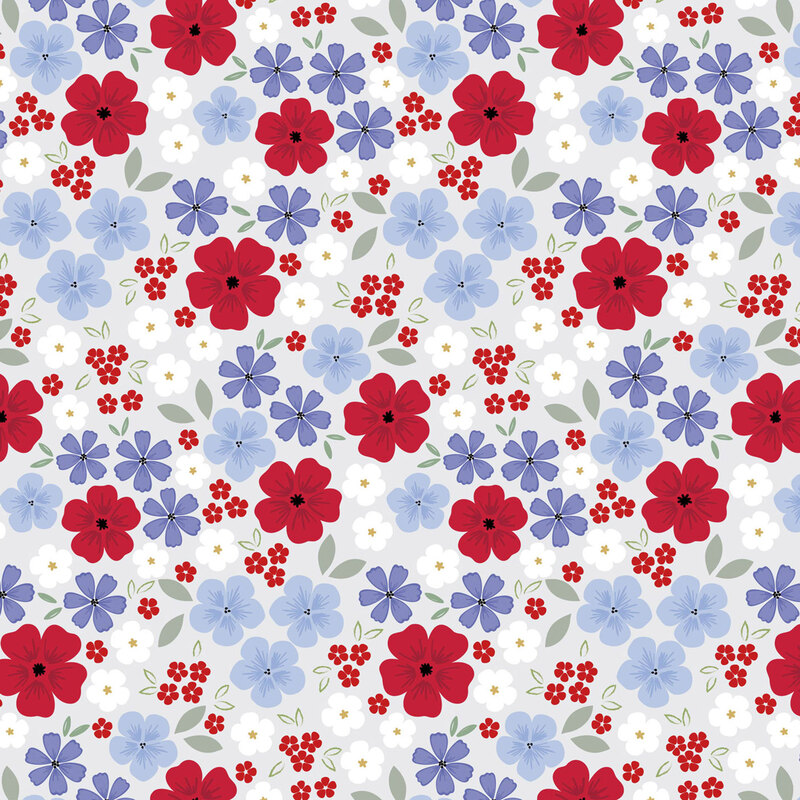 fabric pattern of red and blue flowers scattered all over a light gray background