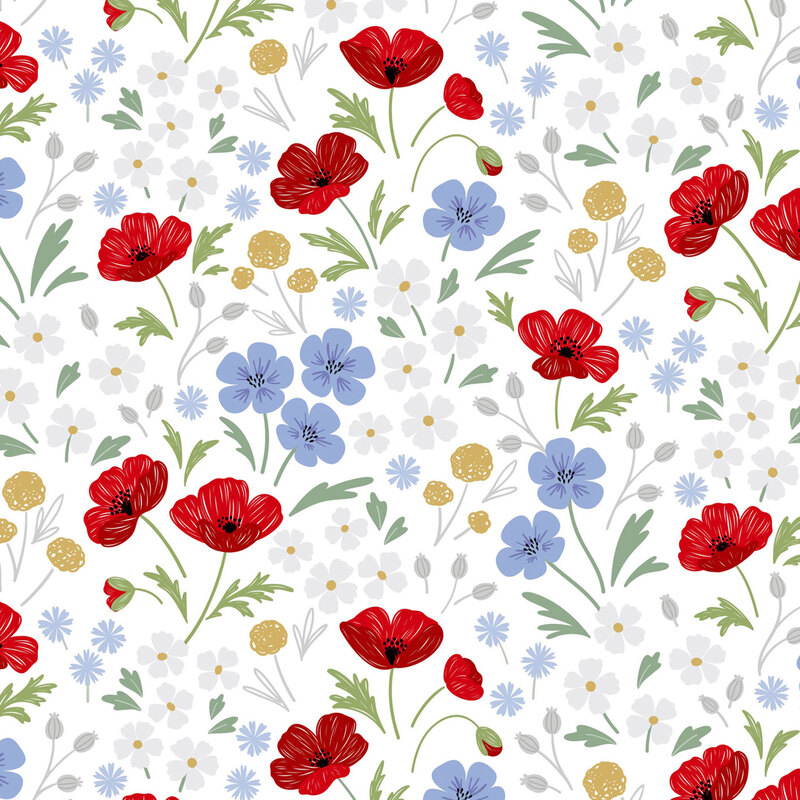 fabric of different flowers all over a white background