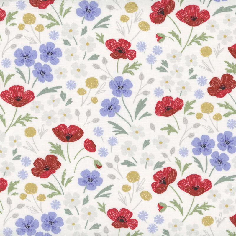 fabric of different flowers in red, blue, yellow, and cloud white scattered on a white background