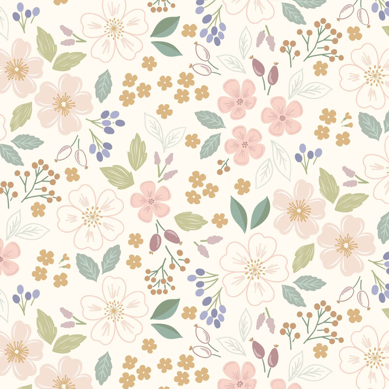 A floral pattern with assorted pastel flowers, leaves, and small berries on a light background.