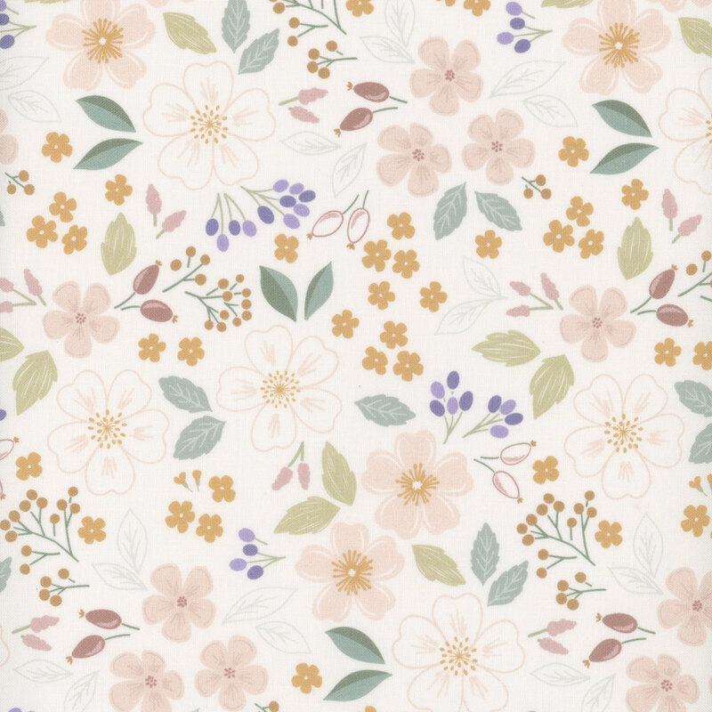 A floral pattern with assorted pastel flowers, leaves, and small berries on a light background.
