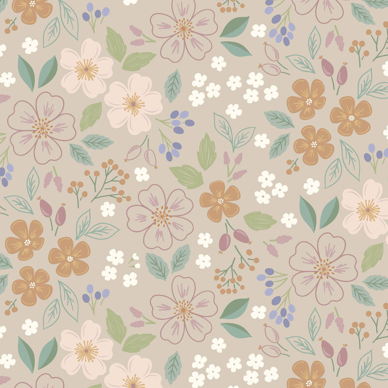 A seamless pattern of assorted flowers and leaves in soft pastel colors on a neutral background.