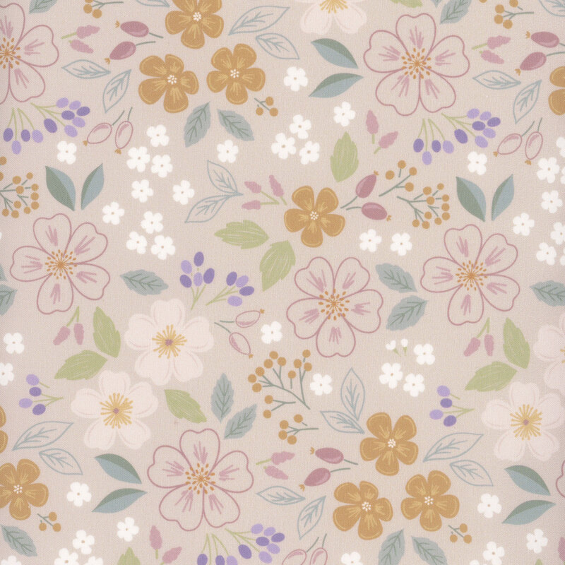 A seamless pattern of assorted flowers and leaves in soft pastel colors on a neutral background.