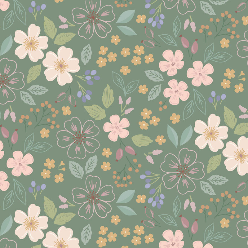 A floral pattern featuring various flowers and leaves in soft pastel colors on a green background.