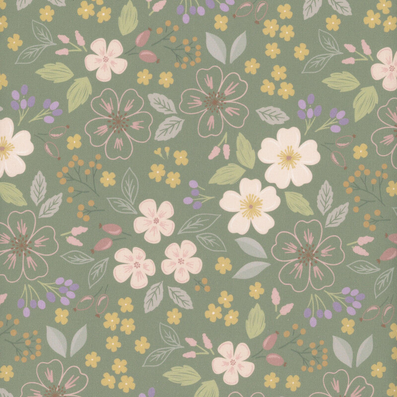 A floral pattern featuring various flowers and leaves in soft pastel colors on a green background.