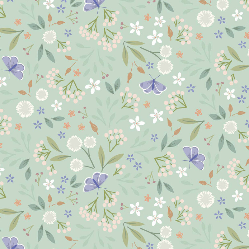 A repetitive pattern of colorful flowers and foliage on a soft mint green background.