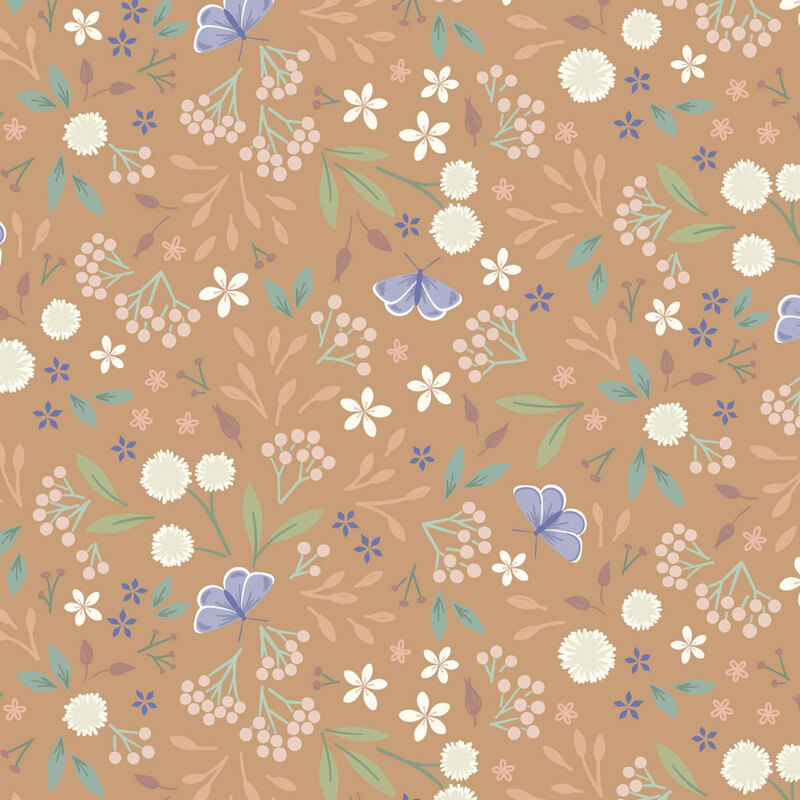 A repeating pattern of colorful flowers and leaves on a light brown background.