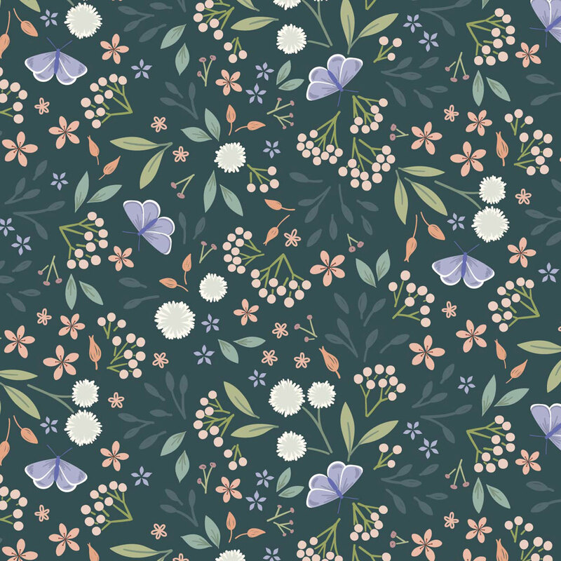 A seamless pattern of various stylized flowers and leaves on a dark teal background.