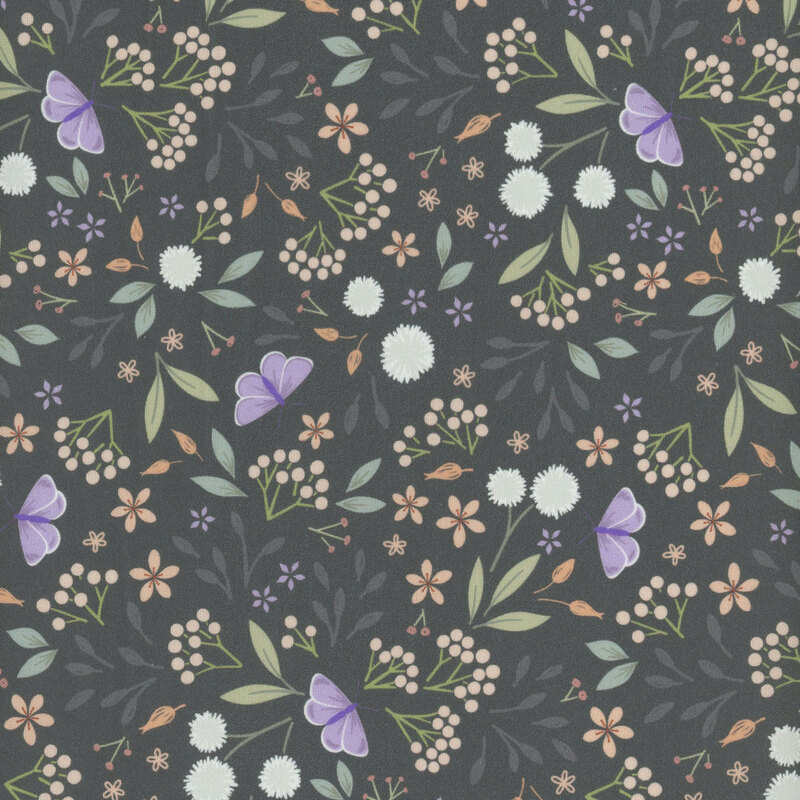 A seamless pattern of various stylized flowers and leaves on a dark teal background.