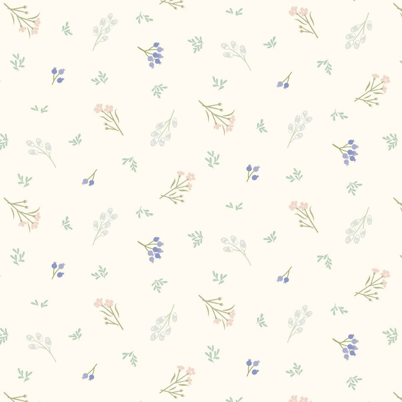 Light cream background with scattered pastel floral patterns in pink, purple, and green.