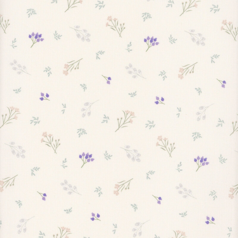 Light cream background with scattered pastel floral patterns in pink, purple, and green.