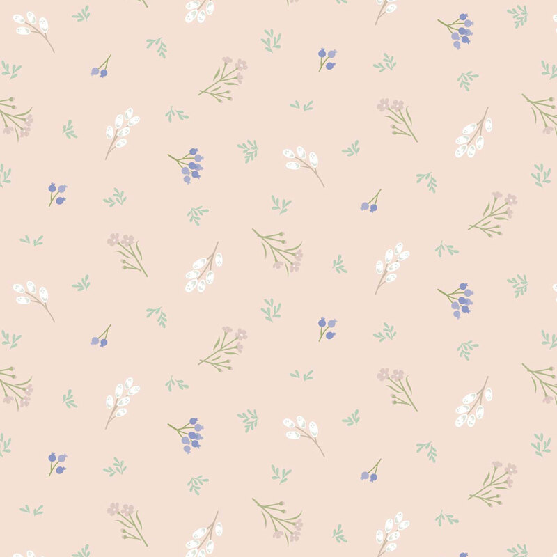 Seamless pattern of small, delicate flowers and leaves on a soft beige background.