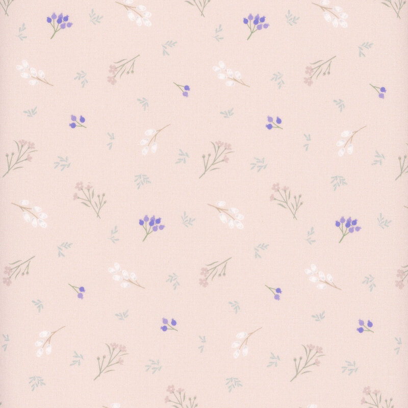 Seamless pattern of small, delicate flowers and leaves on a soft beige background.