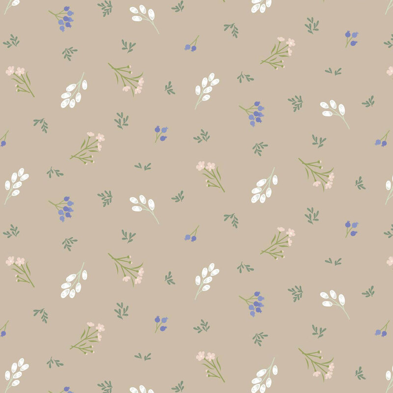 A beige background scattered with small floral patterns in white, pink, and blue.